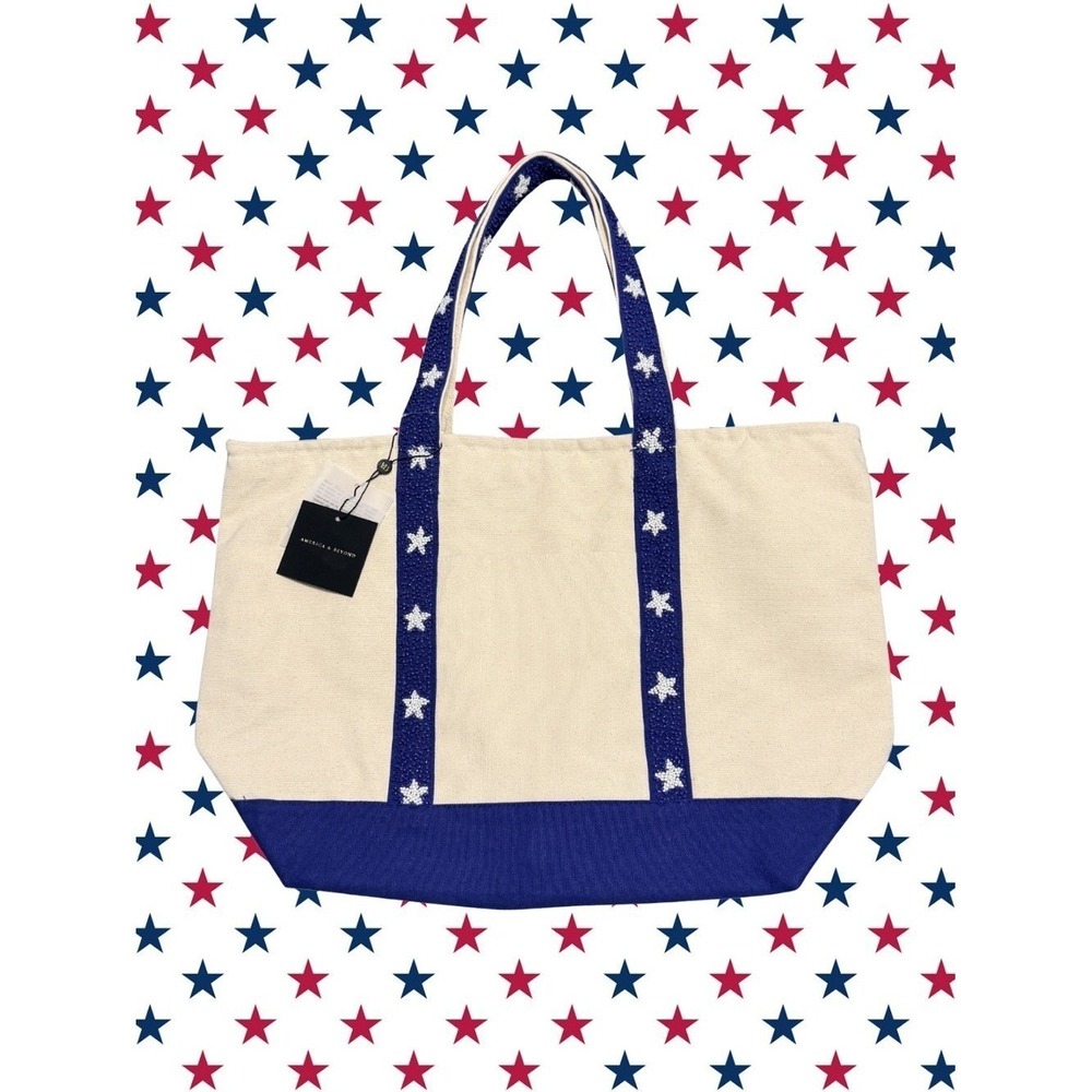 America Beyond Canvas Tote Bag Beaded Star Handles Cream Blue Beach July 4th NWT
